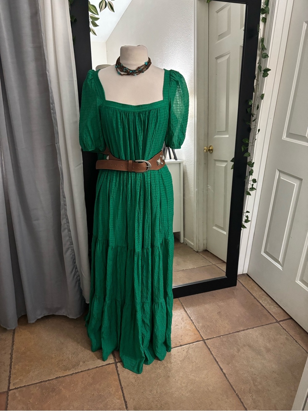 Anthropologie Emerald Green Square-Neck Puff-Sleeve Maxi Dress